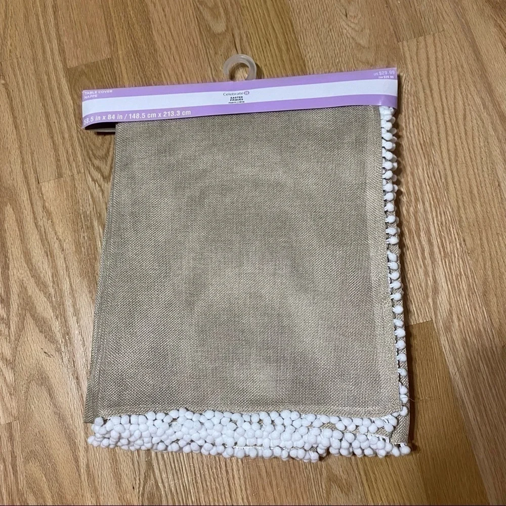 Burlap Table Cloth 58.5” x 84” Pom Pom Trim. NEW Tan White Home Decor Craft